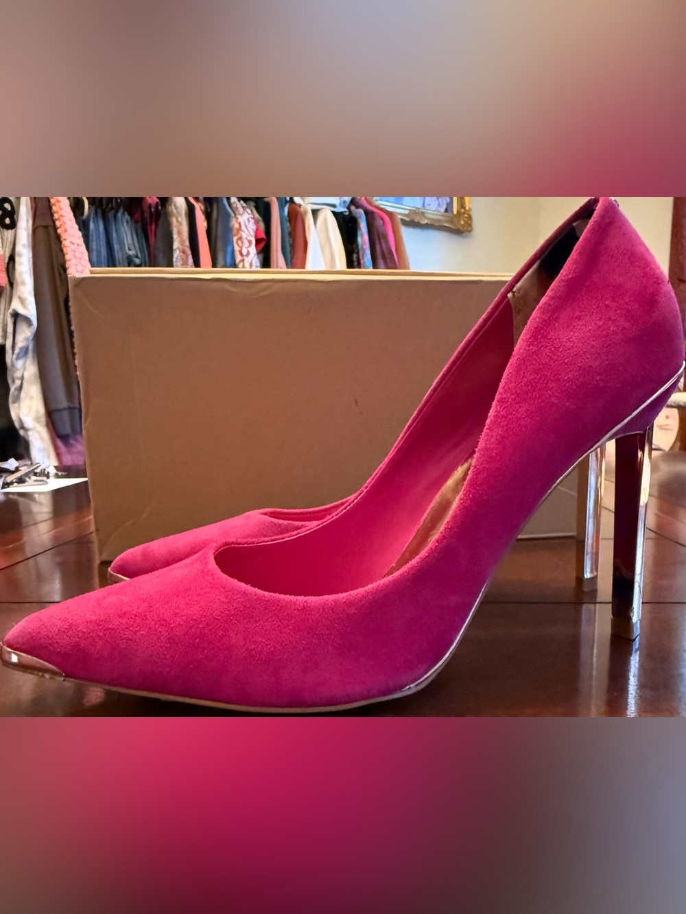 Nordstrom Ted Baker London Elvena Fuchsia Pink Suede Pointed Toe Pumps Gold Acce